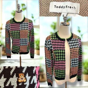 Teddy Fresh Houndstooth Cardigan Sweater Neon Colorblock Cotton H3H3 Size S